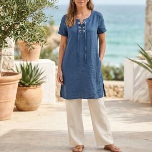 Mudo Collection Lagenlook Linen Tunic Dress Size 8 Navy Blue Nautical Minimalist